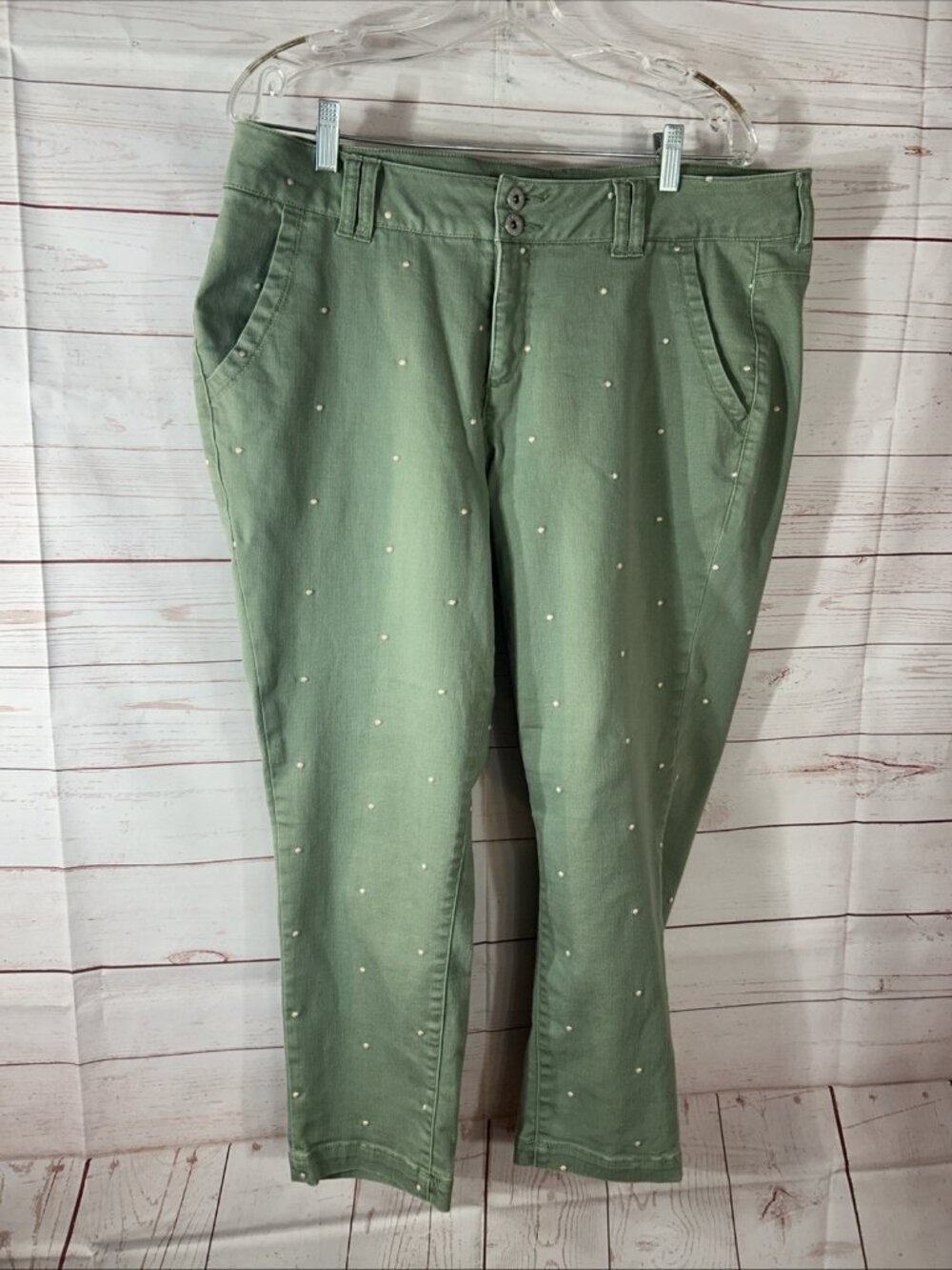 Jag Crop Pants Ladies Size 14 W Green Polka Dot Classic Fit Stretch Cotton Blend